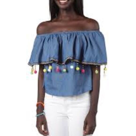 INA Tops - Bnwt INA Pompom Off Shoulder Chambray Crop Top
